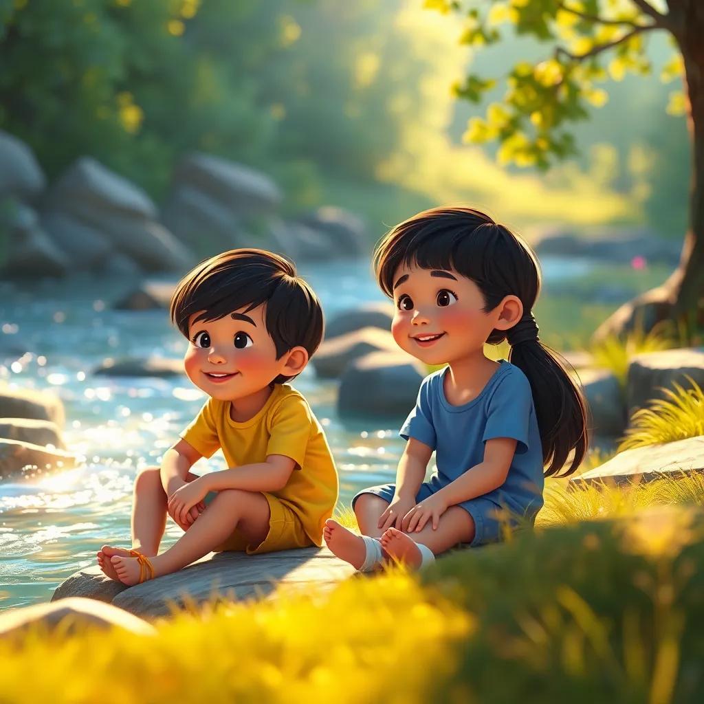 The children sitting near a sparkling stream, listening to the sounds of nature, with a gentle smile on their faces, peaceful environment, golden light, vibrant colors, serene and inspiring view, top quality