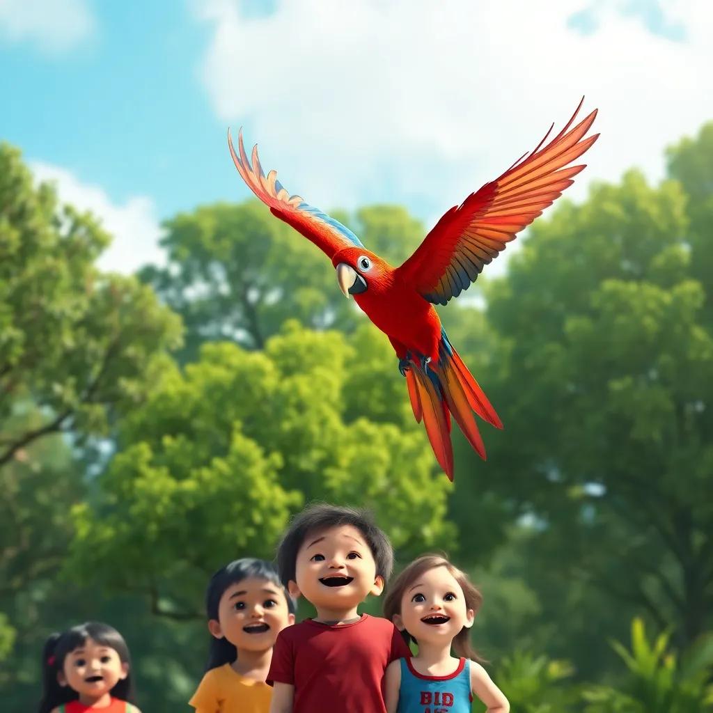 A vibrant red macaw flying above the children, with lush green trees in the background, showcasing the beauty of wildlife, vivid colors, lively energy, joyful atmosphere, high quality