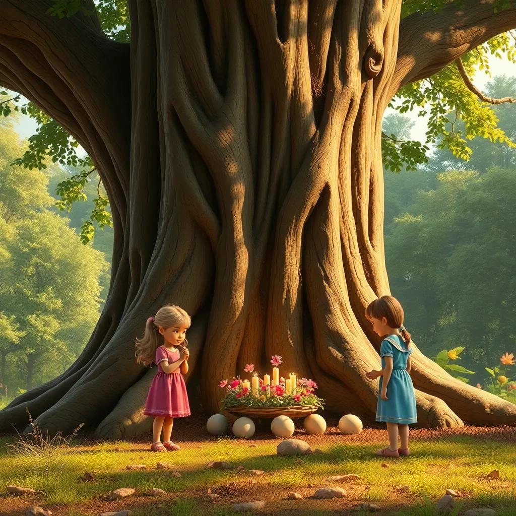 The children leaving a small altar of flowers and seeds at the base of the giant tree, surrounded by nature's beauty, heartwarming scene, warm light, inviting colors, peaceful atmosphere, high quality