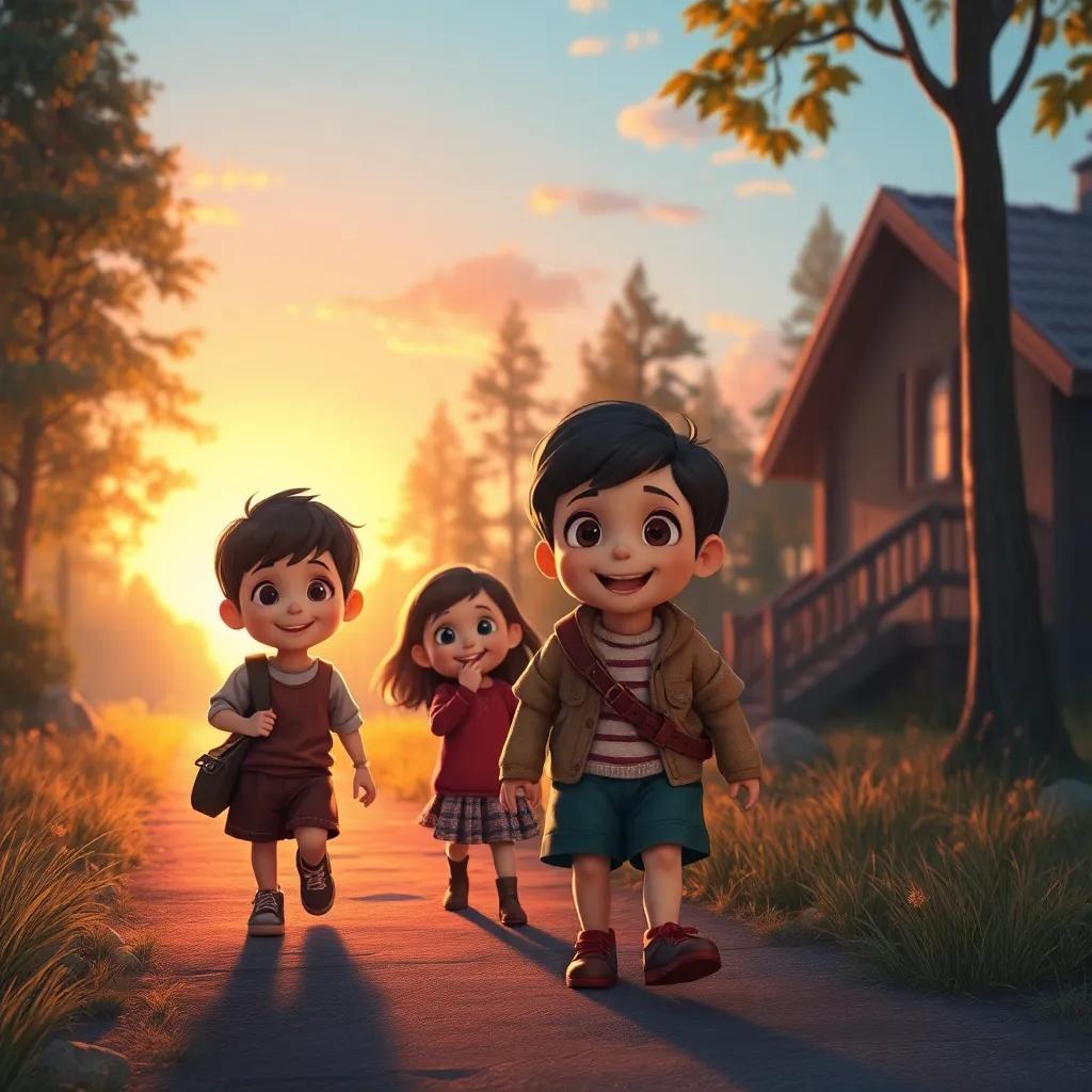 A nostalgic scene of the children walking back home from the forest, with smiles on their faces, sunset casting warm hues over their journey, beautiful colors, heartwarming imagery, digital art