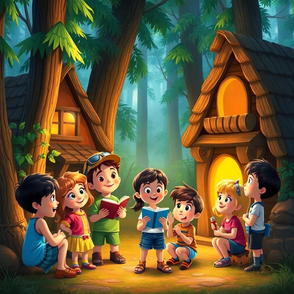 The children gathered near their homes, sharing stories of their adventure in the forest, with excitement in their eyes, warm and friendly aura, inviting atmosphere, colorful, high quality