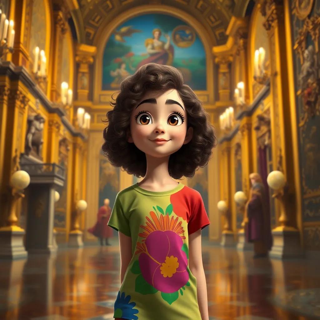 Ana, a young Brazilian girl, with brown curly hair in a colorful t-shirt, standing in a grand palace with luxurious decor and golden walls, meeting the wise Emperor Dom Pedro II, hopeful atmosphere, vibrant colors, historical scene, digital painting