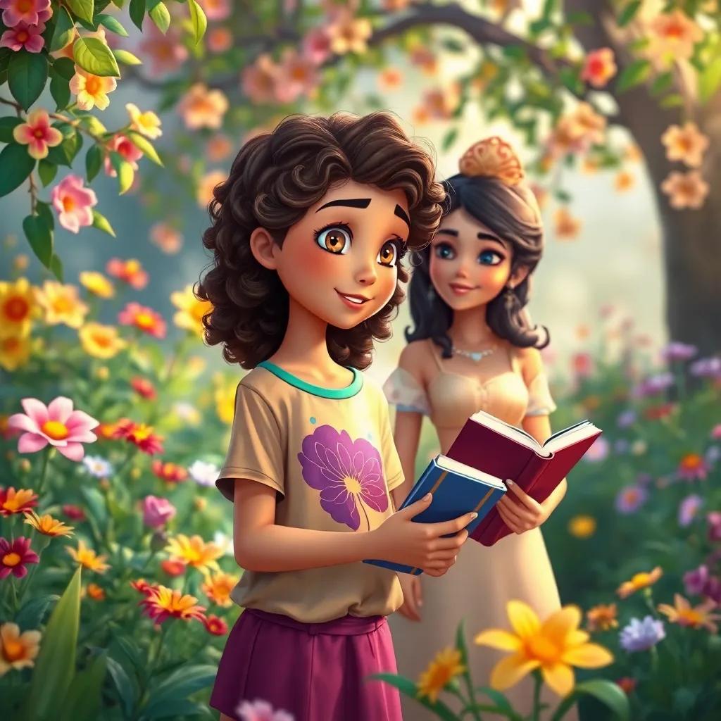 Ana, a young Brazilian girl, with brown curly hair, wearing a colorful t-shirt, in a beautiful garden filled with flowers, talking to Princess Isabel holding books, discussing freedom and courage, soft light, vivid colors, magical realism, illustration