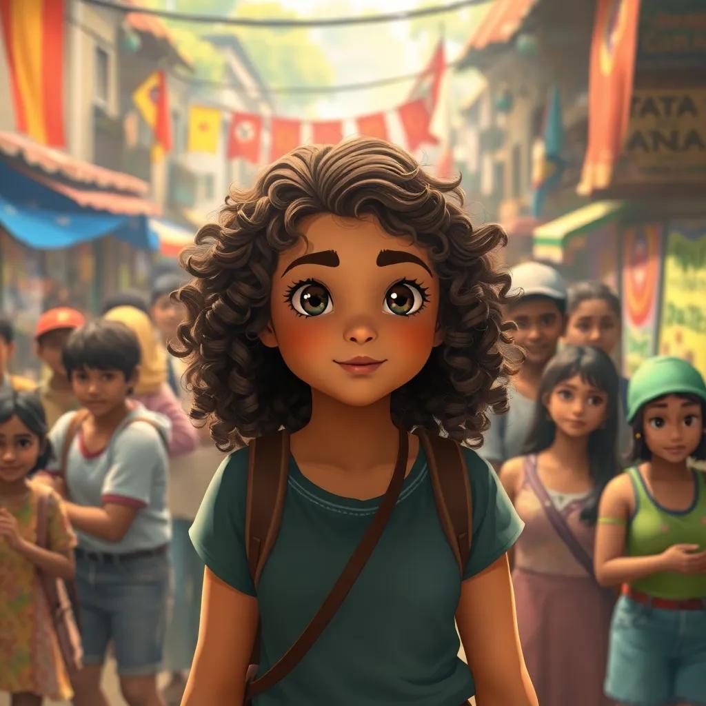 Ana, a young Brazilian girl, with brown curly hair, in a bustling town during the fight for freedom, surrounded by diverse common people sharing their dreams, lively atmosphere, warm colors, meaningful expressions, digital art