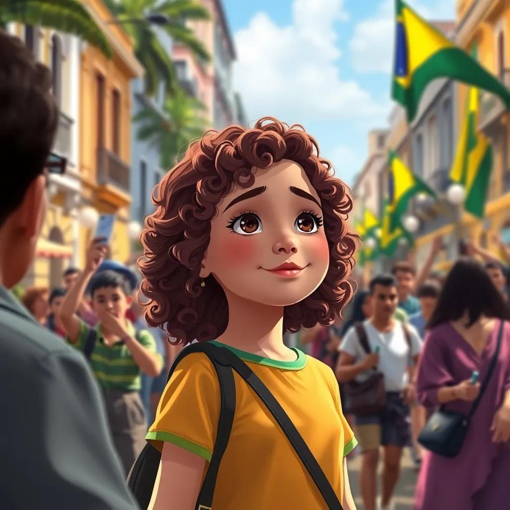 Ana, a young Brazilian girl, with brown curly hair, witnessing the Proclamation of the Republic, with people celebrating in the streets, festive mood, bright colors, uplifting scene, detailed digital painting