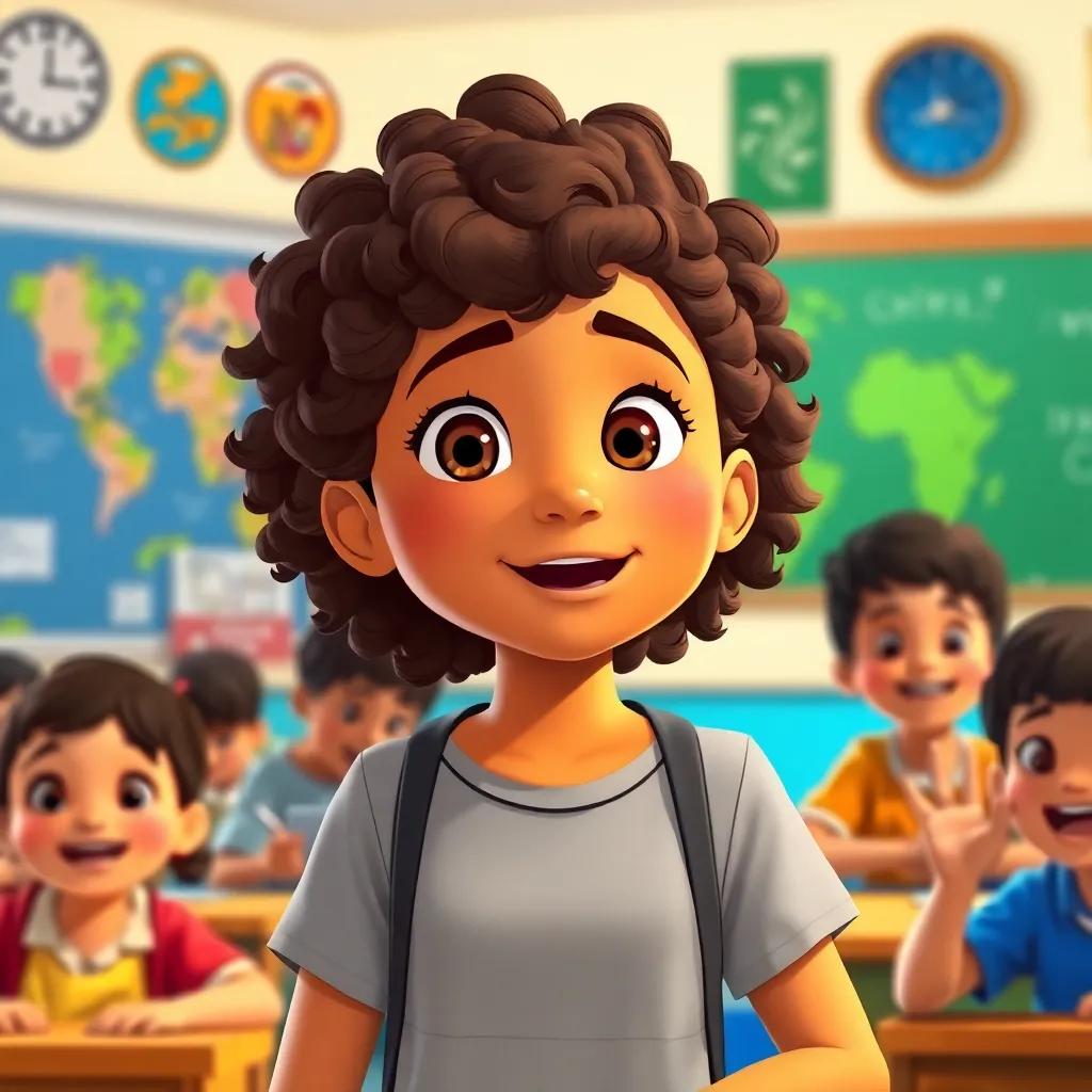 Ana, a young Brazilian girl, with brown curly hair, in her school, giving a presentation to her classmates about freedom and justice, excited expressions, colorful classroom, motivational atmosphere, digitally illustrated