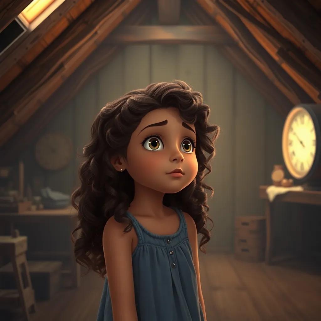 Ana, a young Brazilian girl, with brown curly hair, looking thoughtfully at the time machine in her attic, with a sense of gratitude and determination, soft light, nostalgic colors, reflective scene, digital art