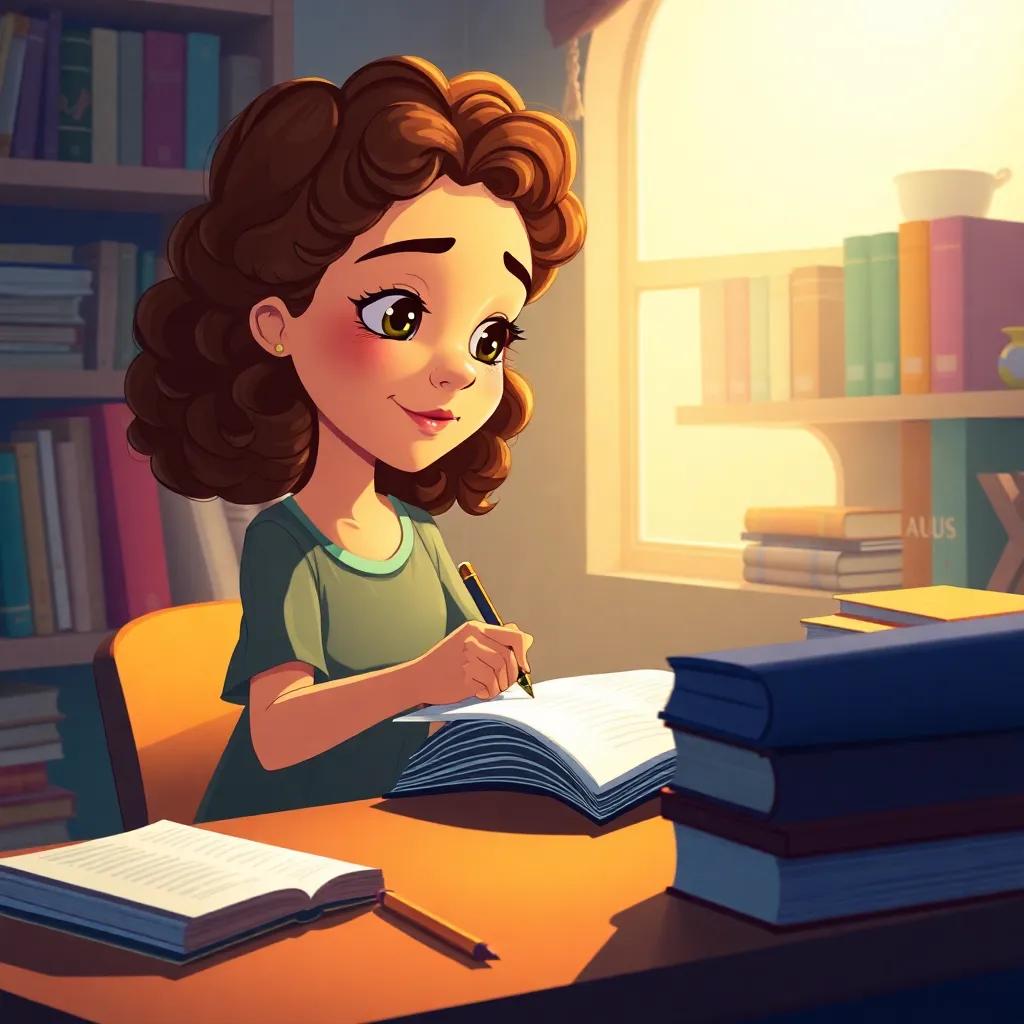 Ana, a young Brazilian girl, with brown curly hair, sitting at her desk writing a story inspired by her adventures in history, filled with books and colors, bright light, creative atmosphere, illustration