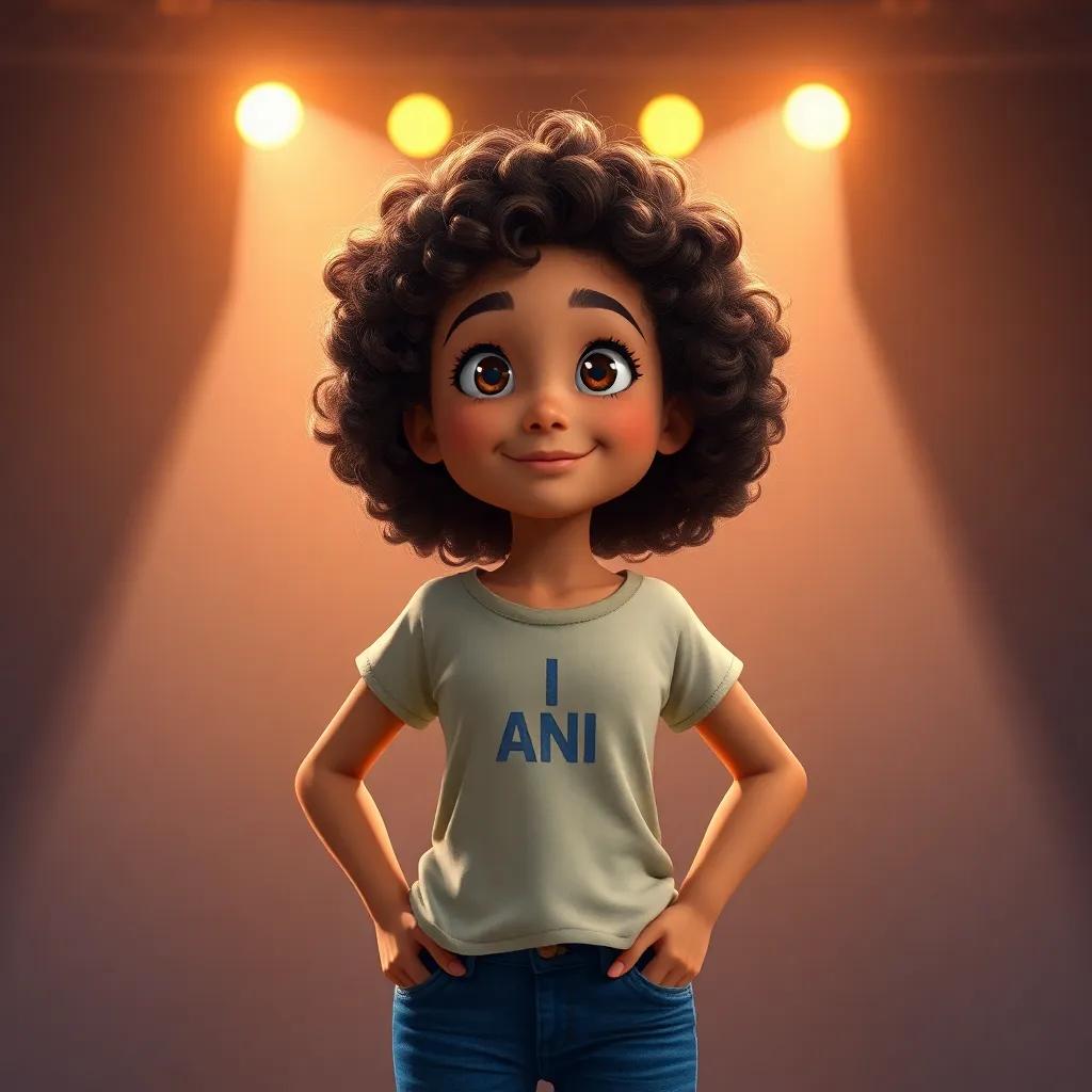 Ana, a young Brazilian girl, with brown curly hair, standing confidently on a stage, ready to inspire her friends with her plans for justice and change, stage lights, energizing colors, motivational scene, digital painting