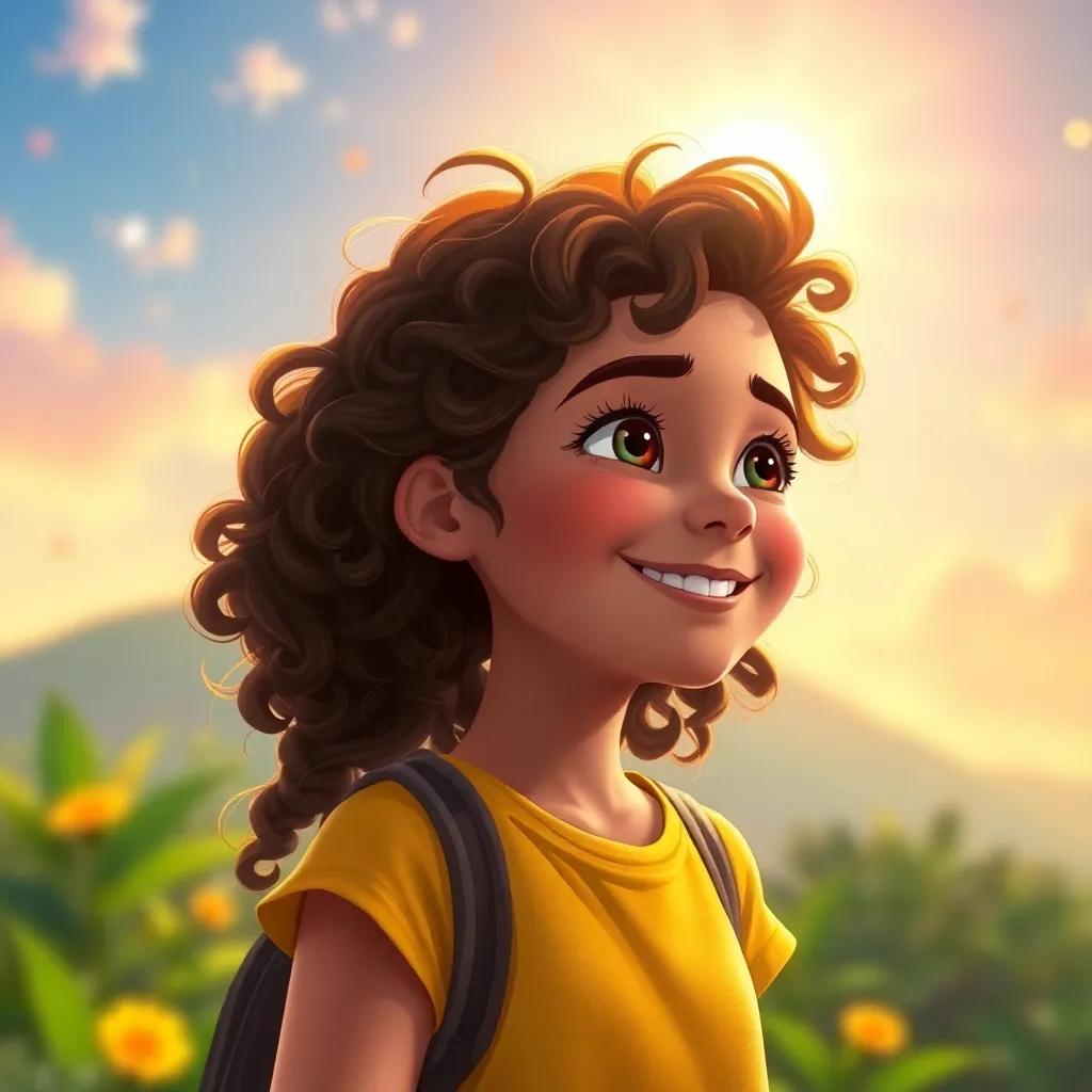 Ana, a young Brazilian girl, with brown curly hair, smiling with determination, looking at the future with hope after her wonderful time travels, glowing light, radiant colors, joyful atmosphere, illustration