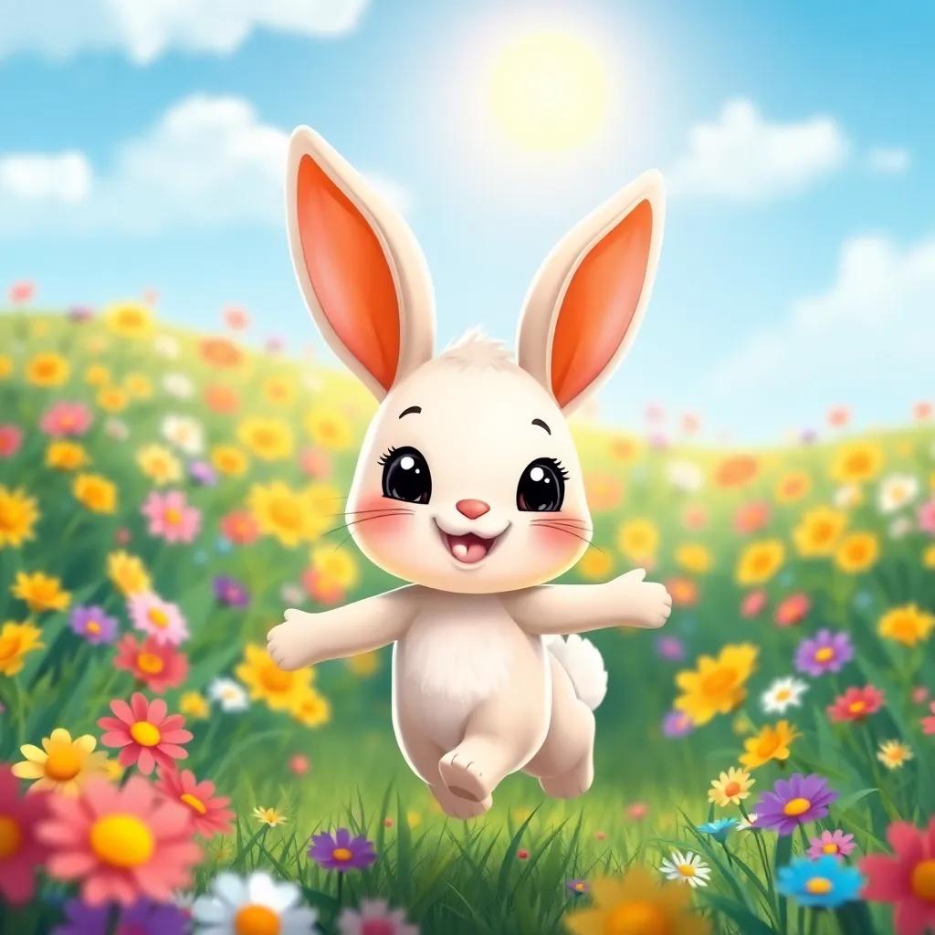A cute little bunny named Fofizelho, with yellow spots, happily hopping through a colorful flower meadow under a bright sun, digital art, vibrant colors, cheerful atmosphere, high quality
