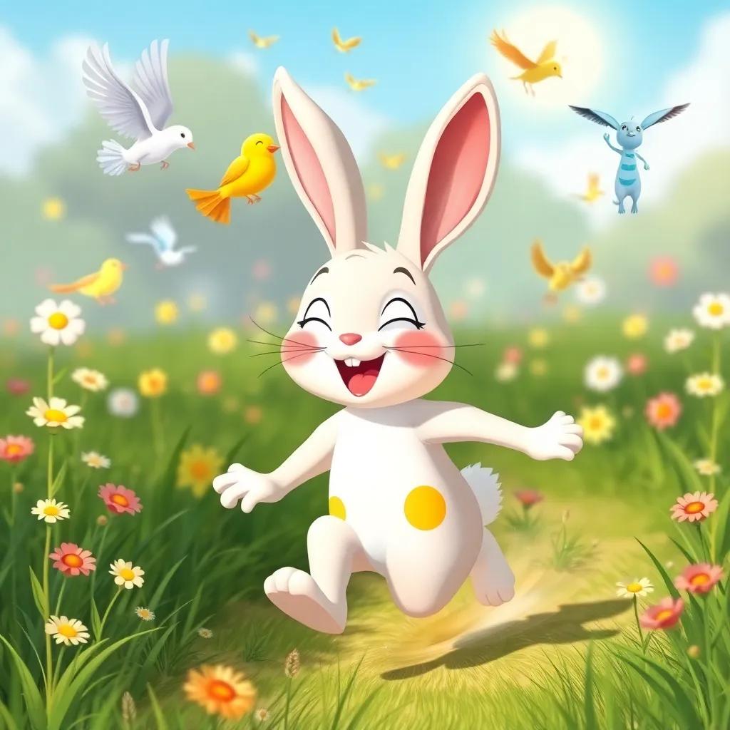 Fofizelho the bunny, with yellow spots, running energetically across the meadow, surrounded by singing birds and dancing flowers, joyful scene, playful style, bright lighting, high quality