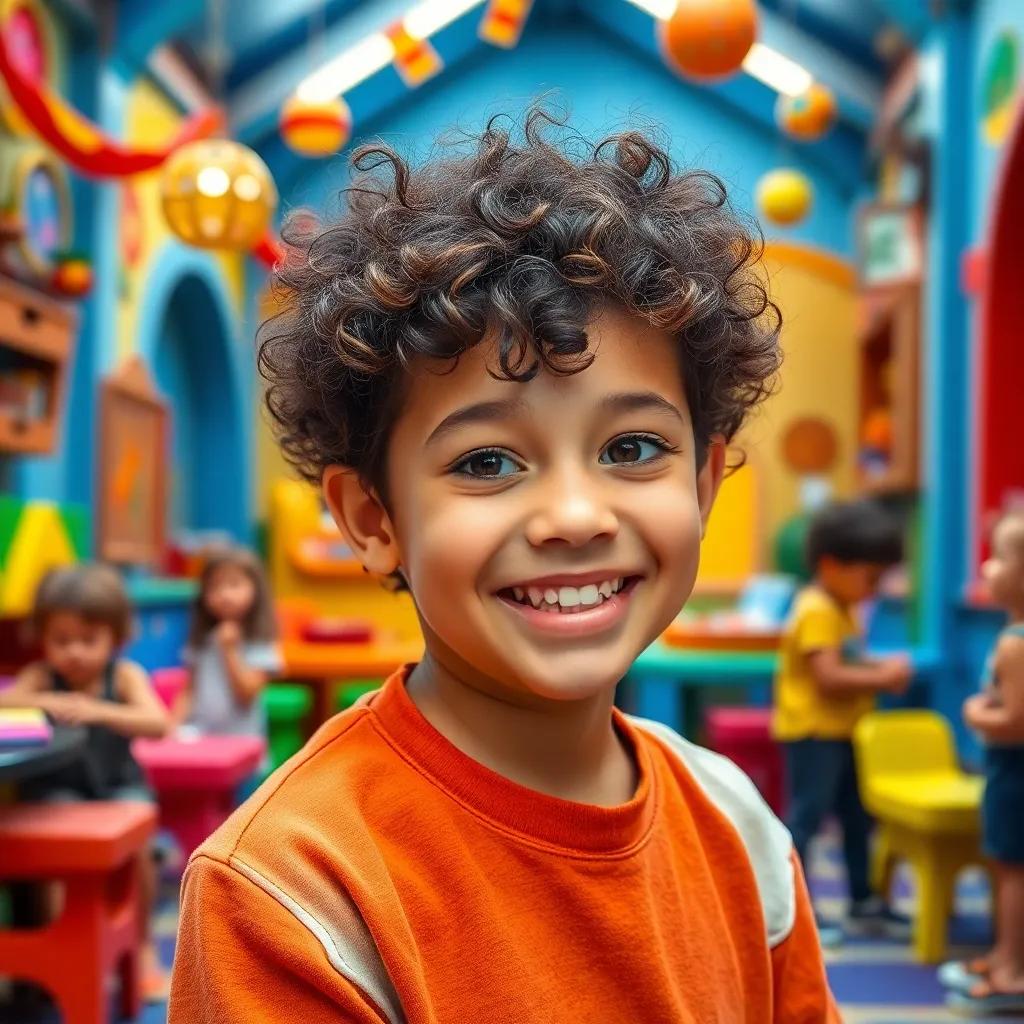 A young boy, Guto, with curly hair and a beaming smile, playing in a colorful children's space area at the church with friends, vibrant colors, imaginative play, joyful ambiance, high quality