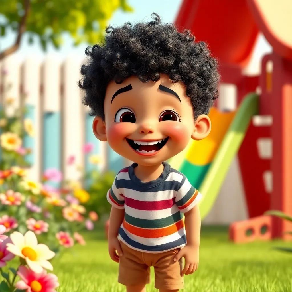 A joyful young boy, João, with short curly hair, wearing a striped shirt and shorts, playing in a bright garden with flowers and a colorful slide, laughing with his sister, digital art, vibrant colors, cheerful atmosphere, high quality
