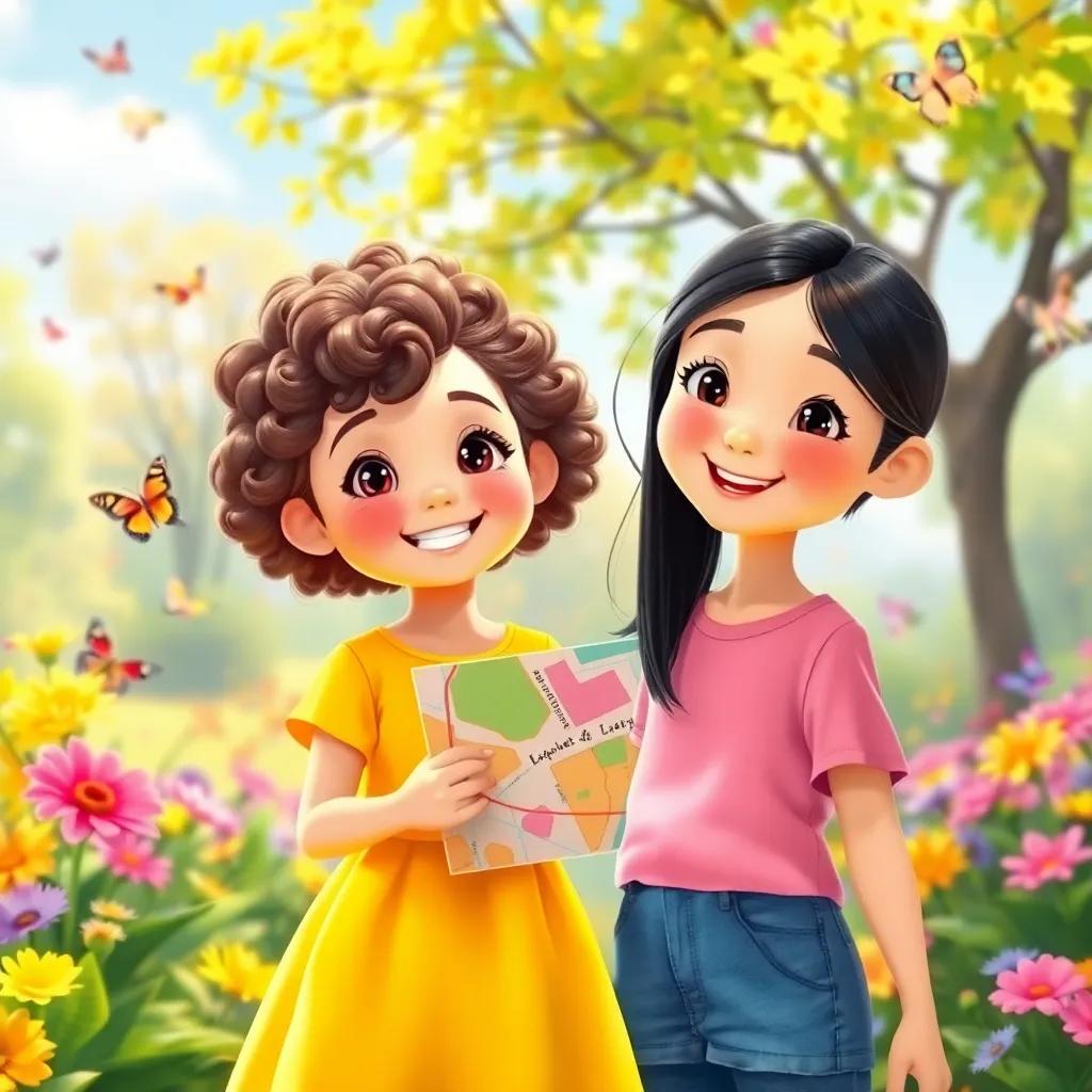 A young girl, Juju, with curly brown hair wearing a bright yellow dress, smiling and holding a colorful map, standing next to her friend Sasa, a young girl with straight black hair wearing a pink shirt, both in a sunny park full of flowers and butterflies, joyful atmosphere, vibrant colors, cheerful scene, high quality