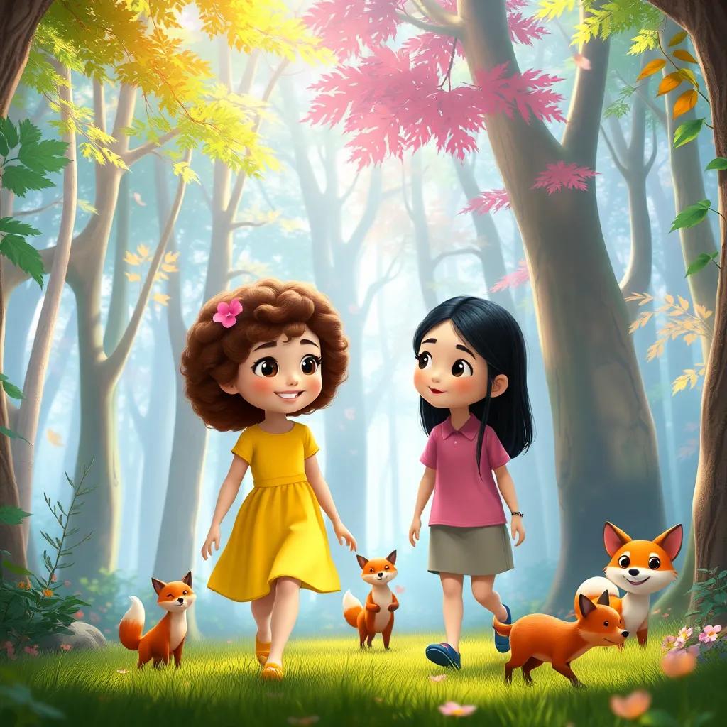 Juju, a young girl with curly brown hair in a bright yellow dress, and Sasa, a young girl with straight black hair in a pink shirt, walking through a magical forest full of tall, colorful trees and a small smiling fox, bright sunlight filtering through leaves, enchanting atmosphere, whimsical details, high quality