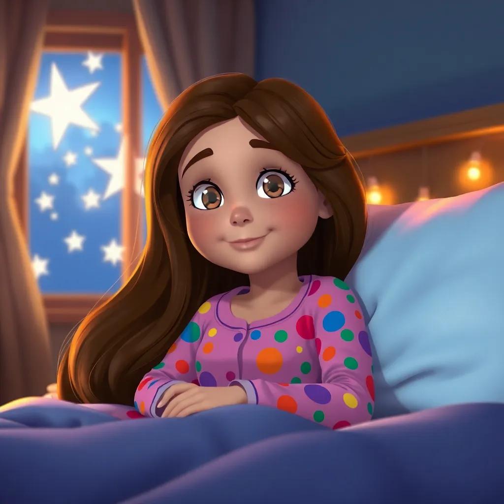 A young girl, Lara, with long brown hair, wearing colorful pajamas, lying in bed with twinkling stars shining through the window, warm room lights, cozy atmosphere, digital art, inviting