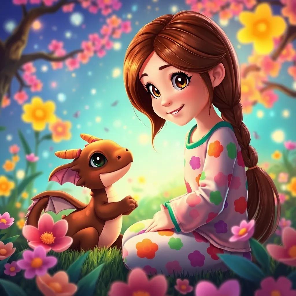 Lara, a young girl with long brown hair wearing colorful pajamas, meeting a small friendly dragon named Drago, in a magical landscape filled with vibrant flowers and sparkling colors, cheerful ambiance, fantasy, illustration