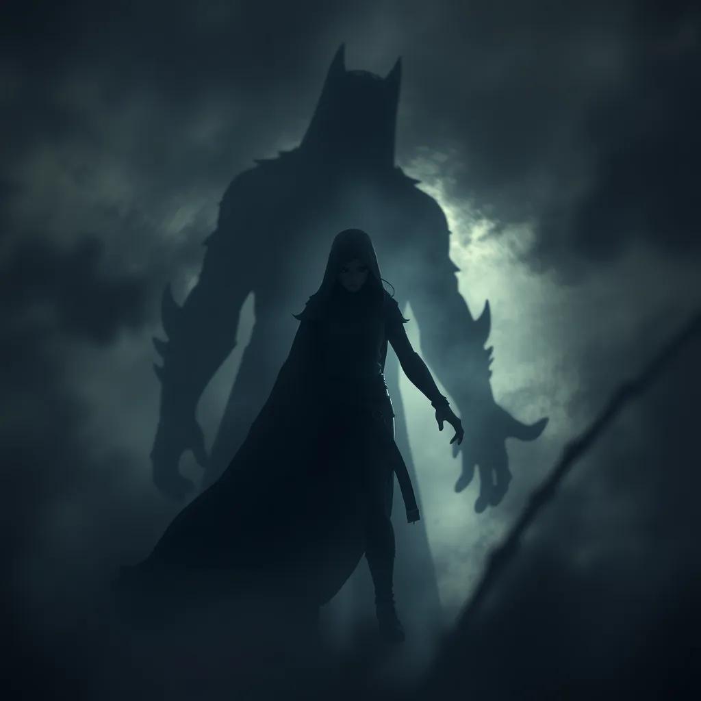 A shadowy figure representing the Shadow of Fear, dark and intimidating, looming over Lara, surrounded by swirling dark mist, dramatic lighting, creating tension and emotion