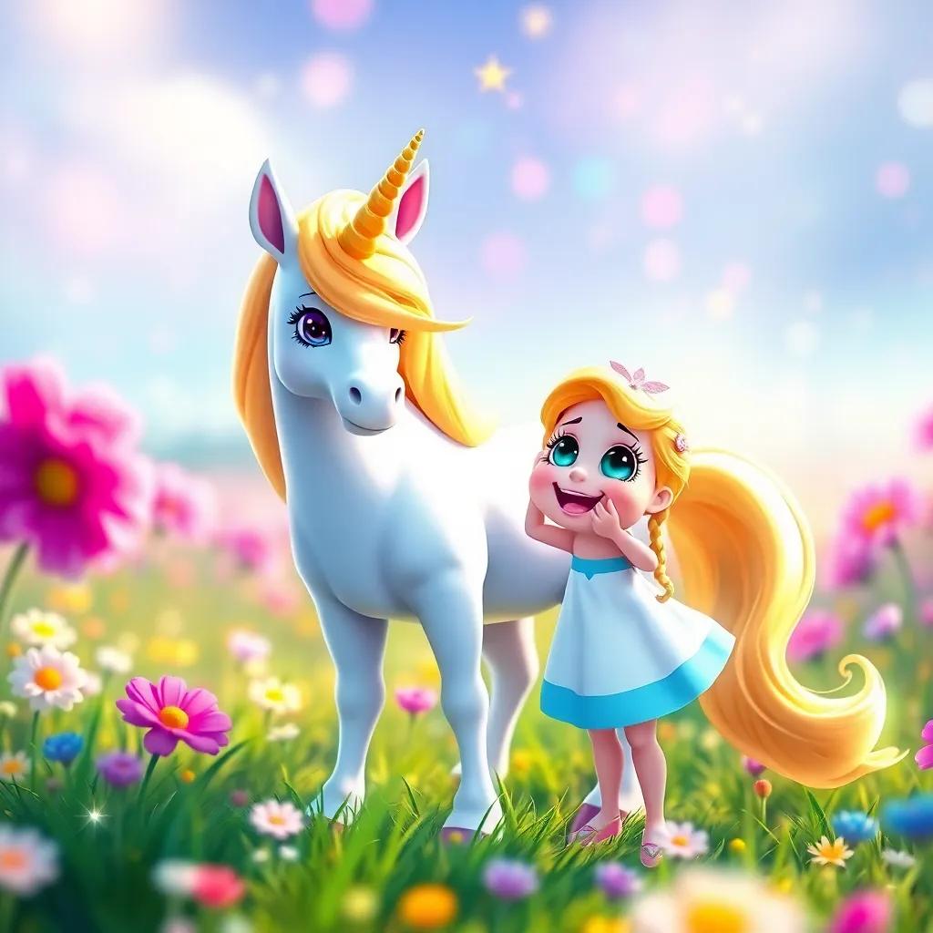 A beautiful unicorn named Luz, with a golden mane, standing in a colorful meadow next to Lara, who looks happy and excited, enchanting environment, full of magical sparkles, uplifting