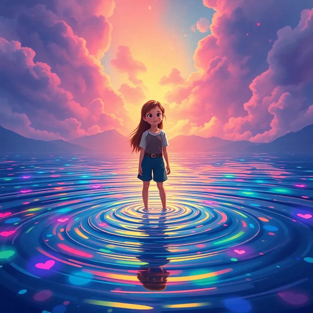 Lara discovering the Lake of Emotions, with rippling water reflecting various colorful feelings like joy, sadness, anger, and love, vivid colors, emotional mood, illustration