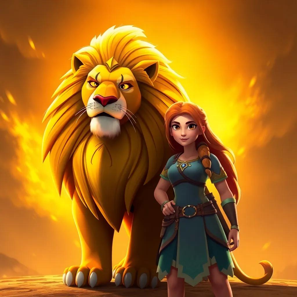 A majestic lion called the Guardian of Courage, with a golden mane, standing proudly beside Lara, emphasizing strength and bravery, majestic background, celebration of courage