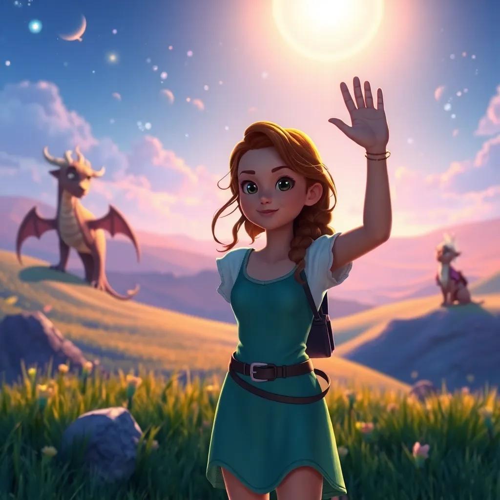Lara waving goodbye to her magical friends, Drago, Luz, and the Guardian of Courage, in a glowing landscape transitioning from dreams to reality, warm farewell, bright and cheerful