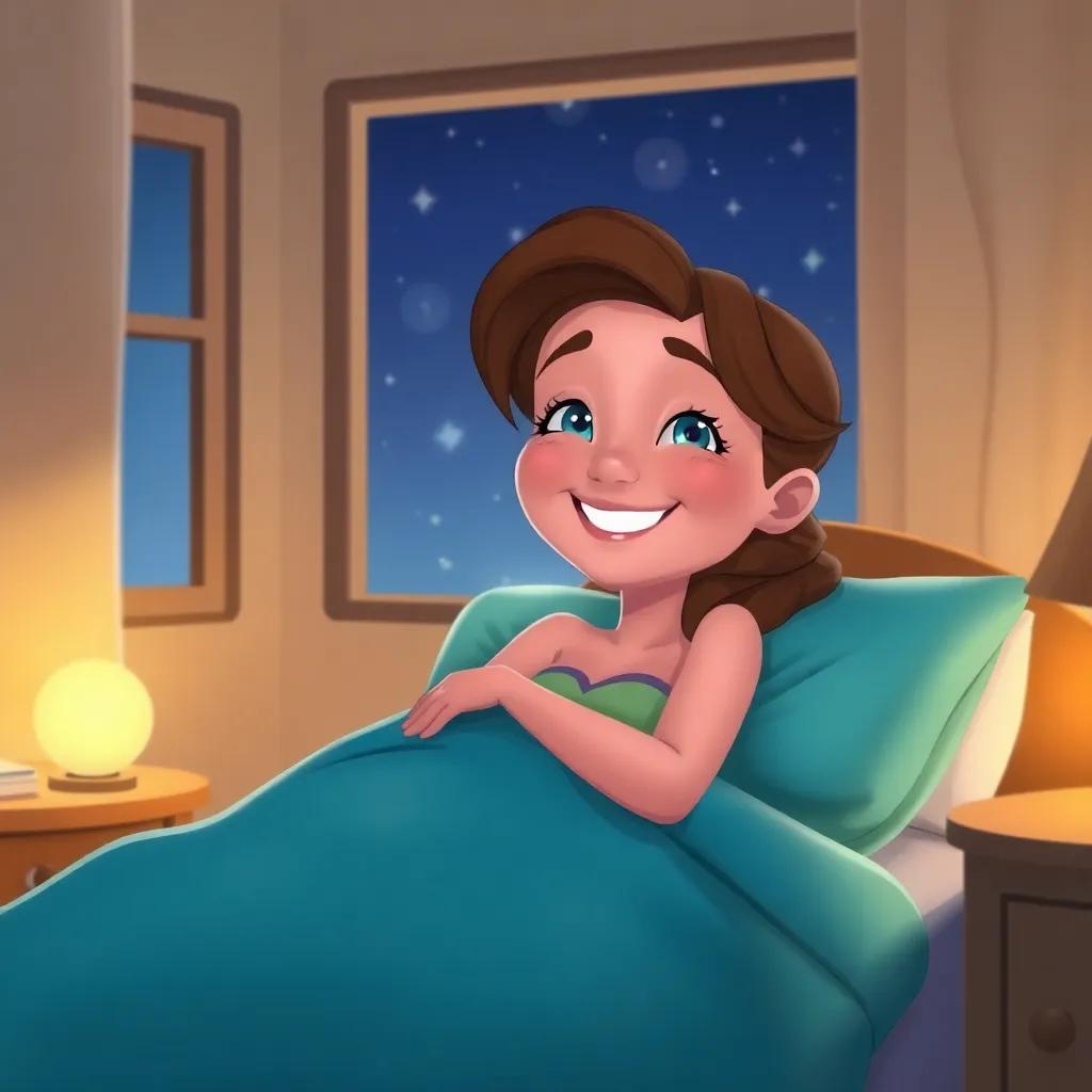 Lara waking up in her bed, happy and refreshed, with a bright smile and stars twinkling outside her window, cozy room, hopeful atmosphere, digital art, inviting