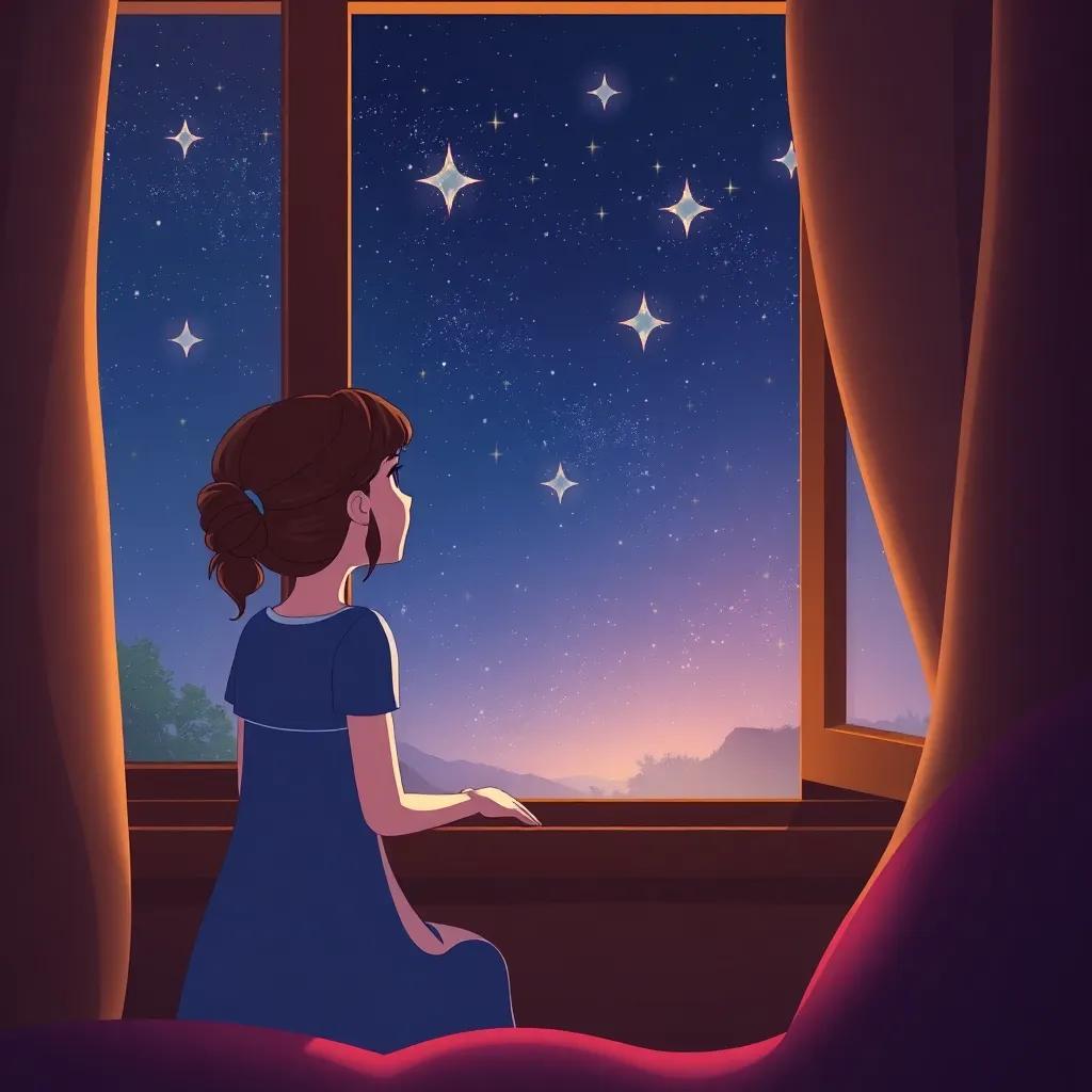Lara looking out her window at the night sky filled with shimmering stars, feeling connected to the creatures from the Dreamland, warm and inspiring ambiance, fantasy, illustration
