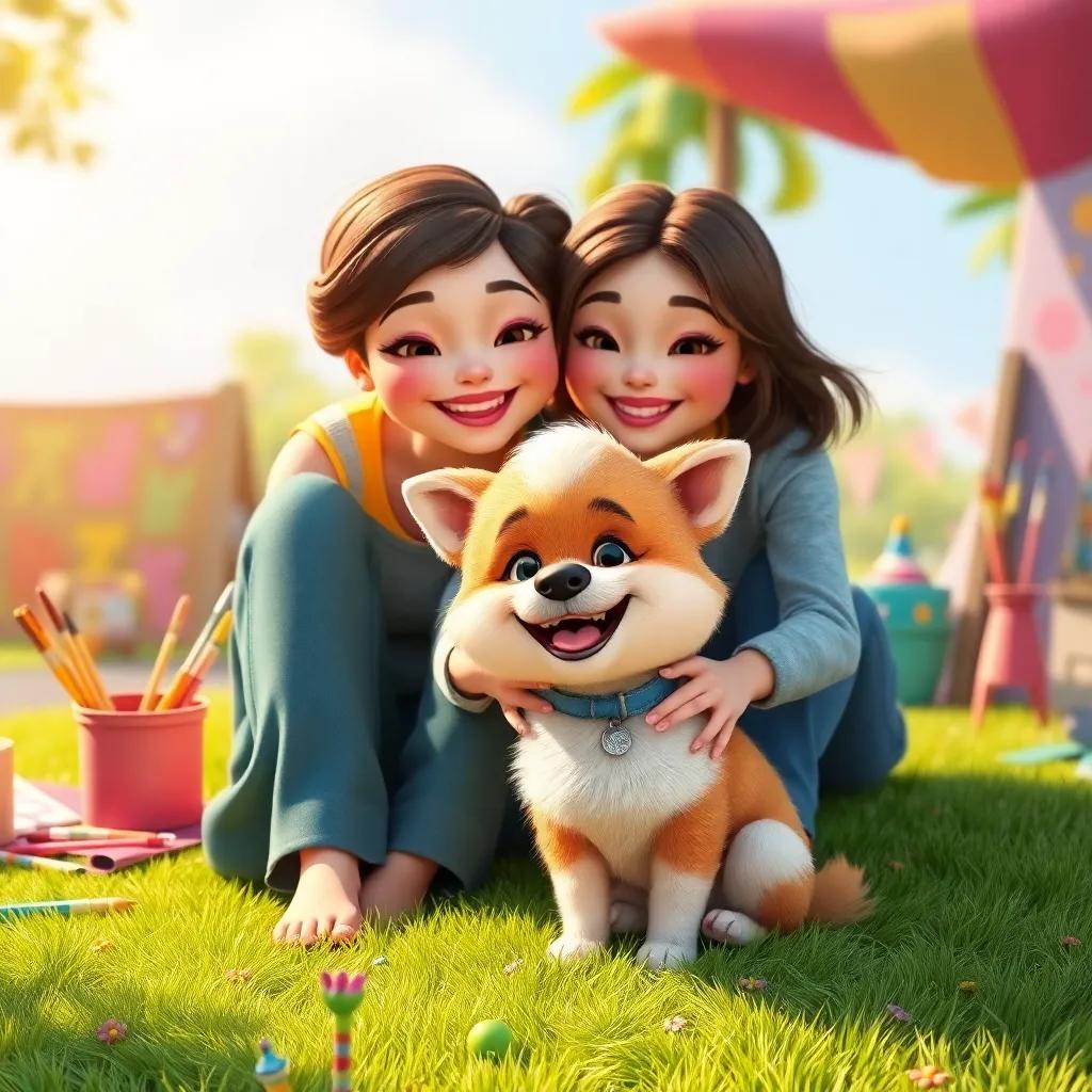 A happy small dog, Lila, with fluffy fur, sitting on a grassy patch with her mom, both smiling, colorful art supplies around them, sunny day, cheerful atmosphere, digital art, vibrant colors, heartwarming visuals