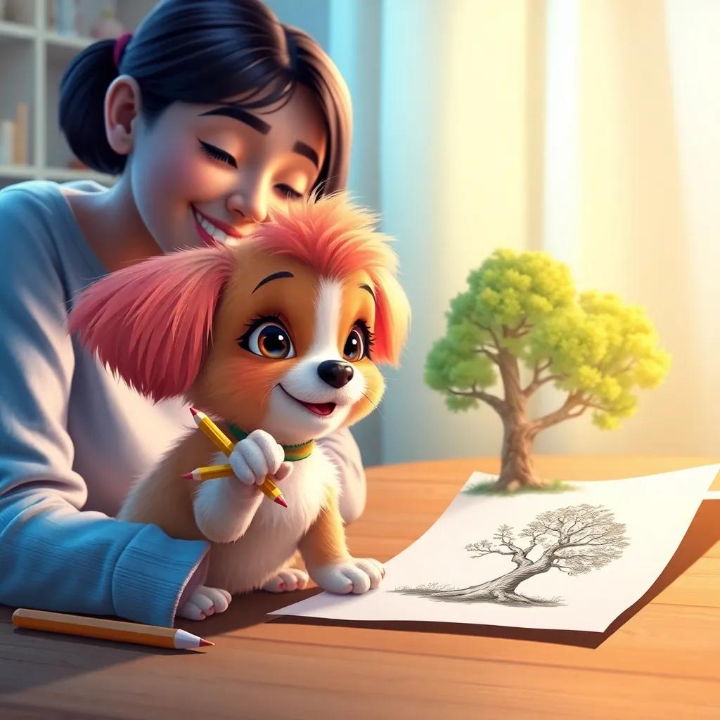 Lila, a small dog, with bright fur, holding a pencil in her paw, drawing a big tree on a piece of paper, her mom watching with a smile, bright colors, detailed digital art, warm light, inviting scene