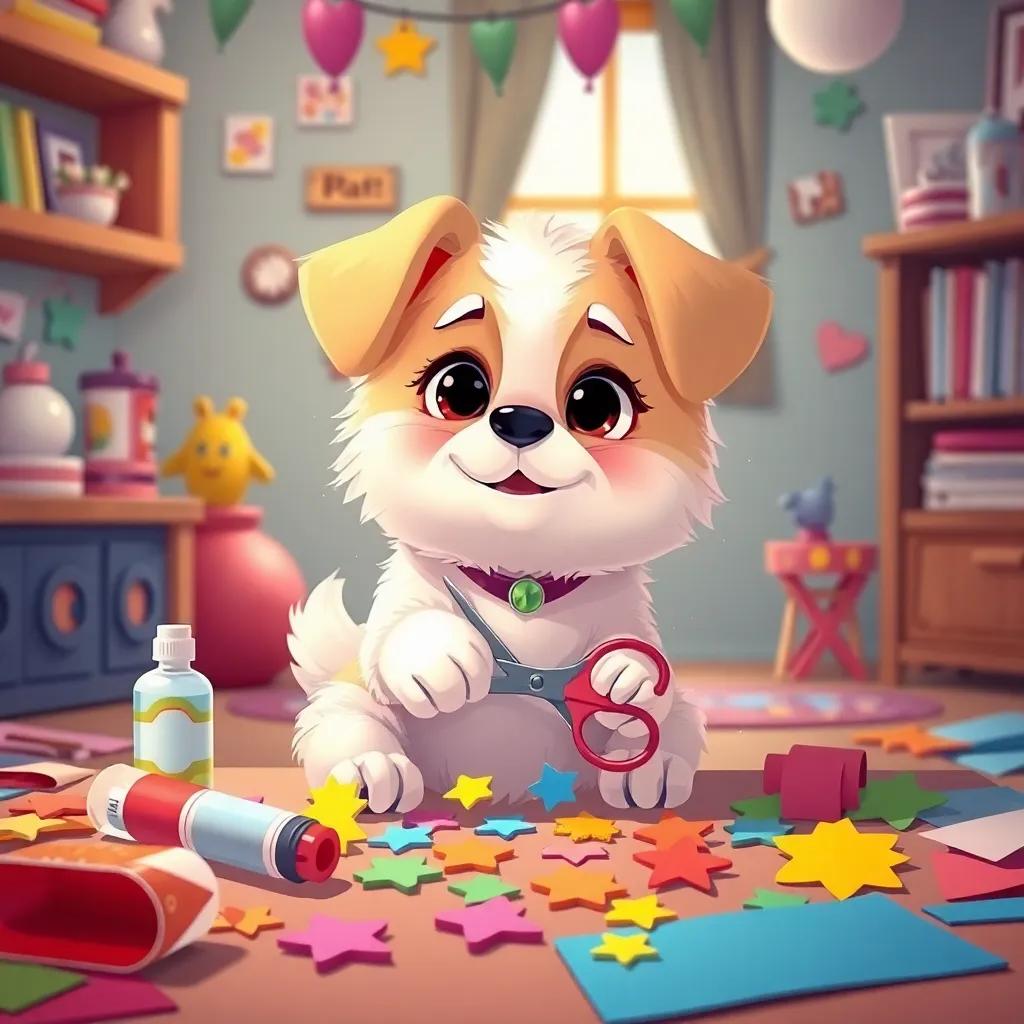 Lila, a small fluffy dog, cutting colorful paper shapes with scissors, surrounded by glue and colorful papers, a cozy room atmosphere, playful mood, illustration, cheerful colors, engaging