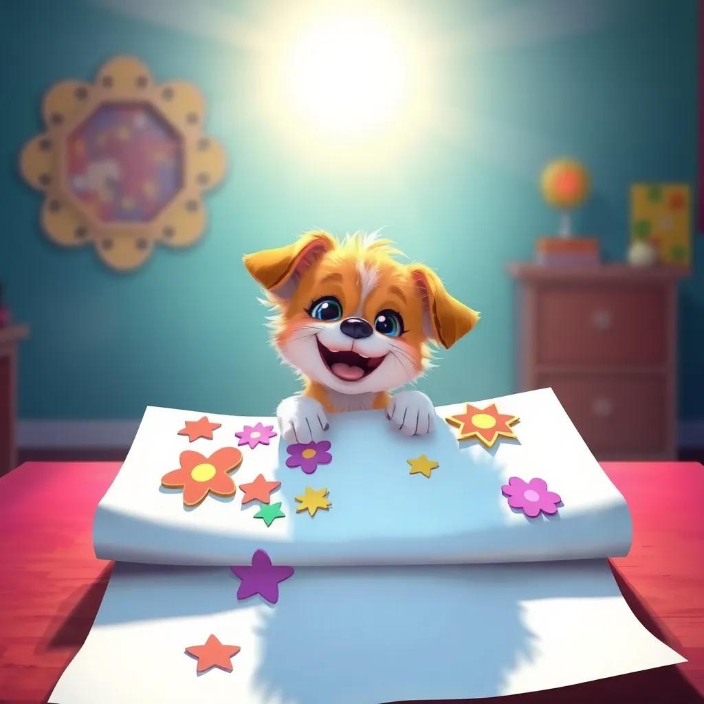 Lila, a small dog with bright fur, happily pasting colorful cutouts on a large piece of paper, bright sun shining, joyful expression, vibrant colors, imaginative scene, digital painting, lively