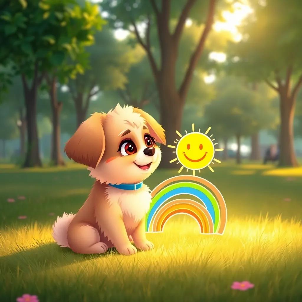 Lila, a small dog with fluffy fur, sitting on soft grass in a park, drawing a rainbow and a smiling sun with her mom dog by her side, warm light, green trees, happy ambiance, illustration, colorful