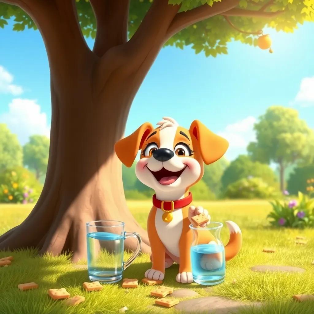 Lila, a small happy dog, sitting under a tree, enjoying dog biscuits and drinking water, sunny park scene, playful interaction, cheerful colors, bright atmosphere, digital art