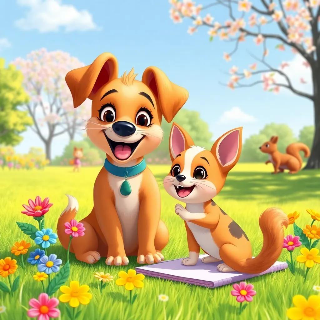 Lila, a small vibrant dog, joyfully drawing colorful flowers in a park while her mom dog sketches a squirrel, bright sunny day, joyful scene, engaging illustrations, colorful