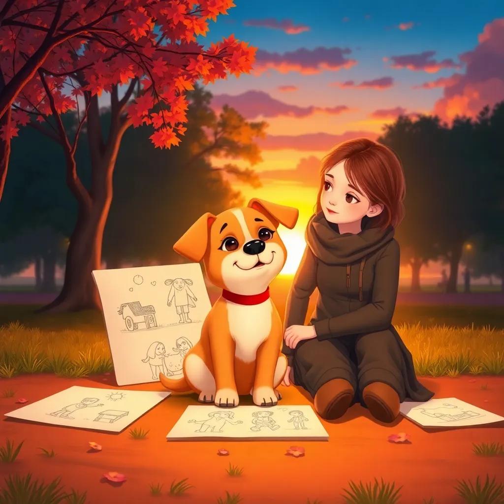 Lila, a small adorable dog, sitting in a park at sunset, surrounded by her drawings, with her mom by her side, warm colors, heartfelt moment, digital art, serene atmosphere