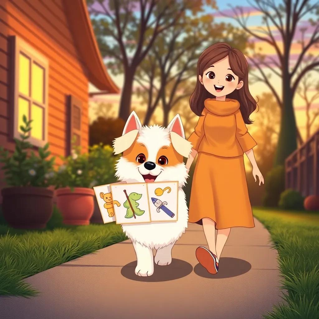 Lila, a small cute dog with fluffy fur, walking home holding drawings in her mouth, her mom beside her, both happy, sunset colors, cozy feeling, wonderful scene, illustration