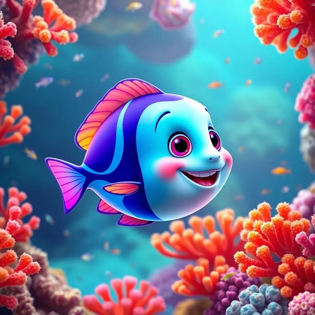 A colorful little fish, Lila, swimming happily in a coral reef, surrounded by vibrant corals and small fish, digital art, bright colors, cheerful atmosphere, high quality