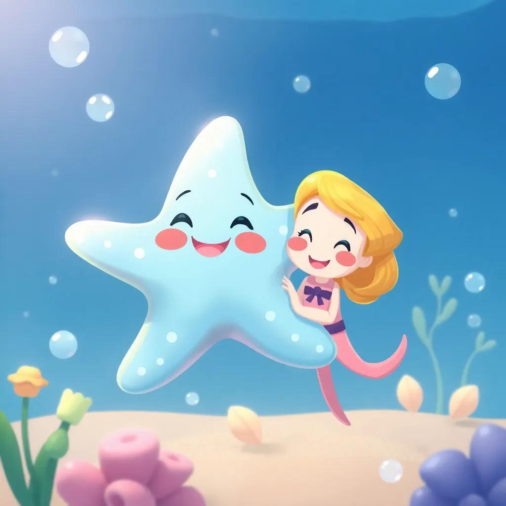 A bright blue starfish, Estela, smiling and floating in the water next to Lila, with bubbles and sea plants around, cheerful illustration, warm colors, friendly vibe, high quality