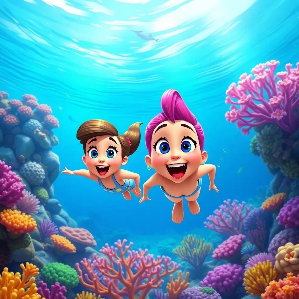 Lila and Estela swimming away from the reef, excited expressions, colorful coral in the background, a beautiful underwater view, digital painting, playful, bright colors, high quality
