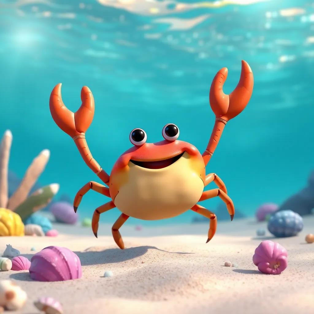 A happy crab named C crab, dancing in the sand with a big smile and colorful shells around, sunny underwater scene, playful, cheerful atmosphere, high quality