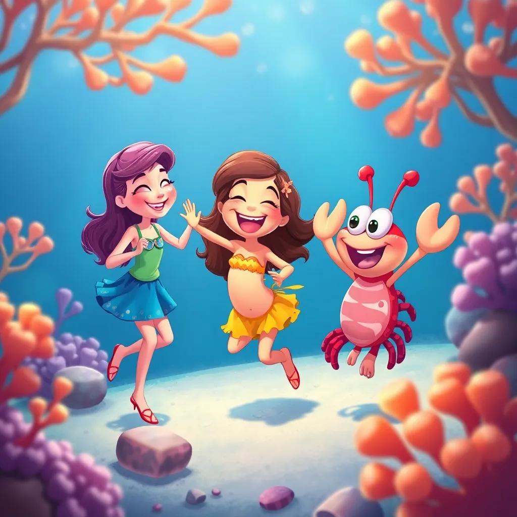 Lila, Estela, and C crab playing and dancing around the corals under the sea with laughter and joy, vibrant atmosphere, playful and happy colors, illustration, high quality