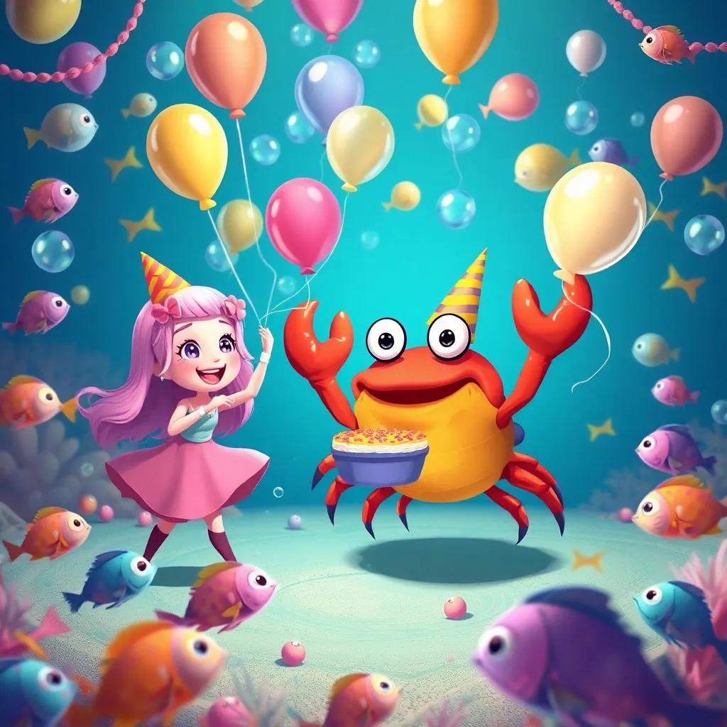 Lila, Estela, and C crab throwing a sea party with many fish around, balloons made of bubbles, colorful decorations, joyful occasion, digital art, warm and festive, high quality