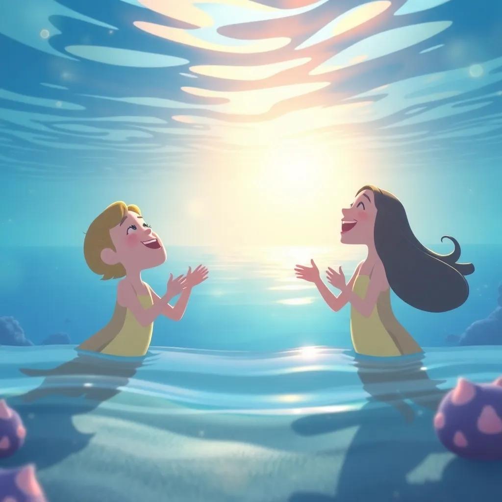 A peaceful underwater scene with a beautiful view of the ocean as the friends make a joyful song about the sea, calm water, soft colors, heartfelt atmosphere, high quality