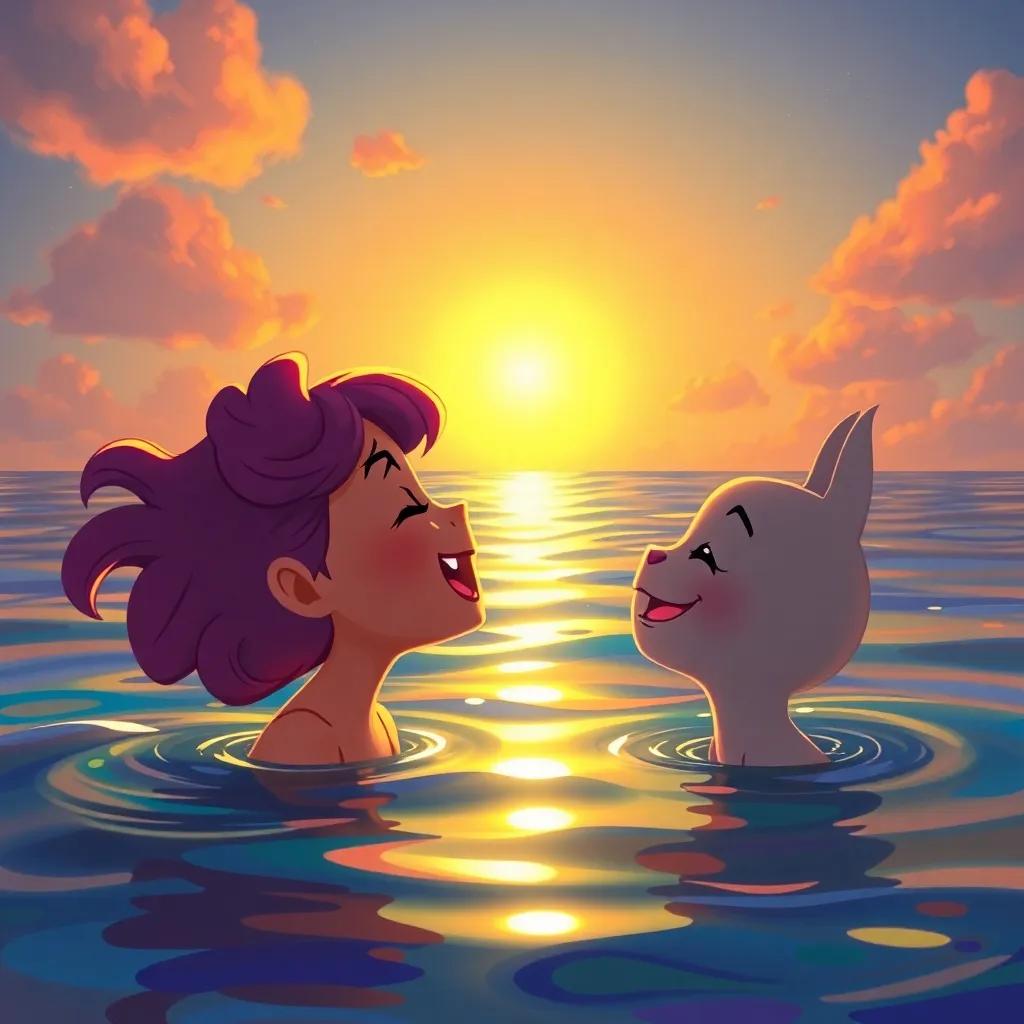 Lila singing happily while looking at her friends under the sunset in the ocean, warm colors reflecting on the water, love and care tone, painting, high quality