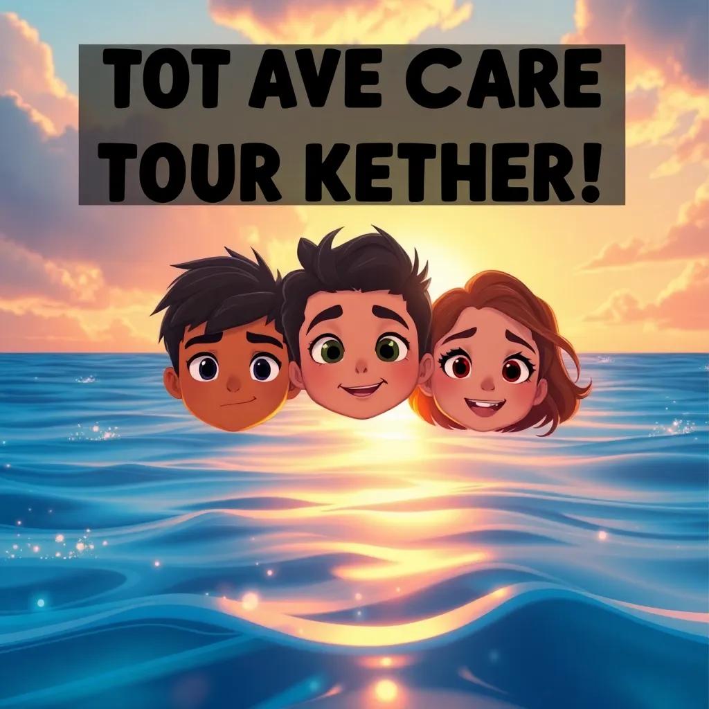 The trio promising to take care of the ocean together, determined faces with the sun setting behind them, magical atmosphere, hopeful and loving, illustration, high quality