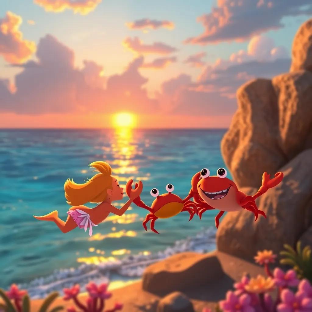 A stunning sunset view over the ocean, with Lila, Estela, and C crab swimming back happily, bright colors, heartwarming and serene, digital artwork, high quality