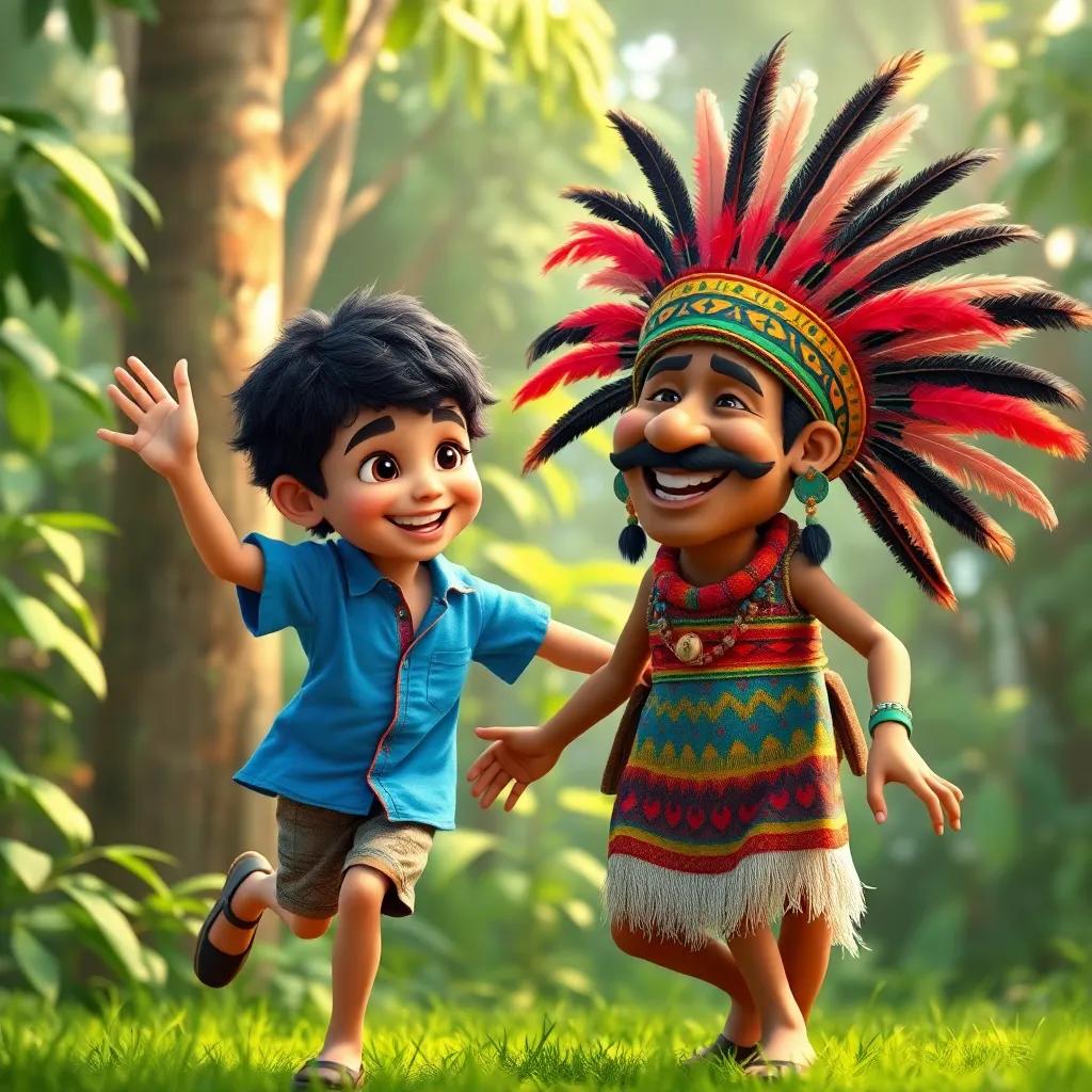 Lucas, a nine-year-old boy, with short curly hair and a bright blue shirt, dancing joyfully with Tupã, an indigenous man with a feather headdress and colorful clothing amidst a lush green forest, cheerful scene, vibrant colors, cultural representation