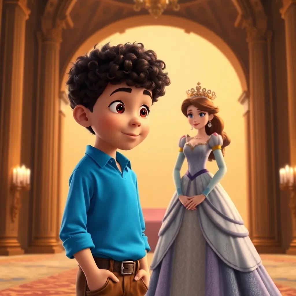 Lucas, a nine-year-old boy with short curly hair and bright blue shirt, standing in a grand palace with Princess Isabel who has an elegant gown and a crown, discussing freedom and equality, detailed, royal setting, warm colors
